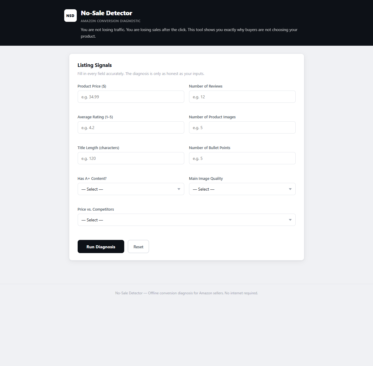 No-Sale Detector input form — enter your Amazon listing signals