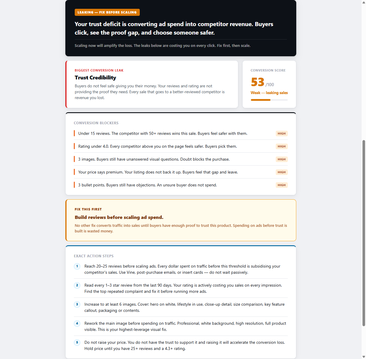 No-Sale Detector result — score 53, leaking, high priority blockers and action steps